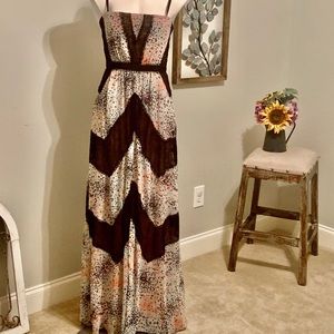 BCBG Floral black lace strapless Maxi dress.